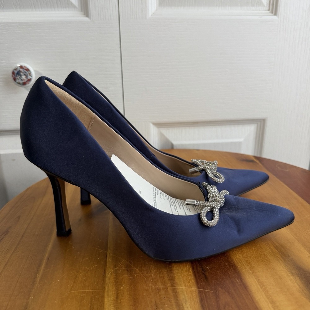 The Drop‎ Parish Navy Blue Satin Rhinestone Bow Heels Women's Size 8 NEW Formal